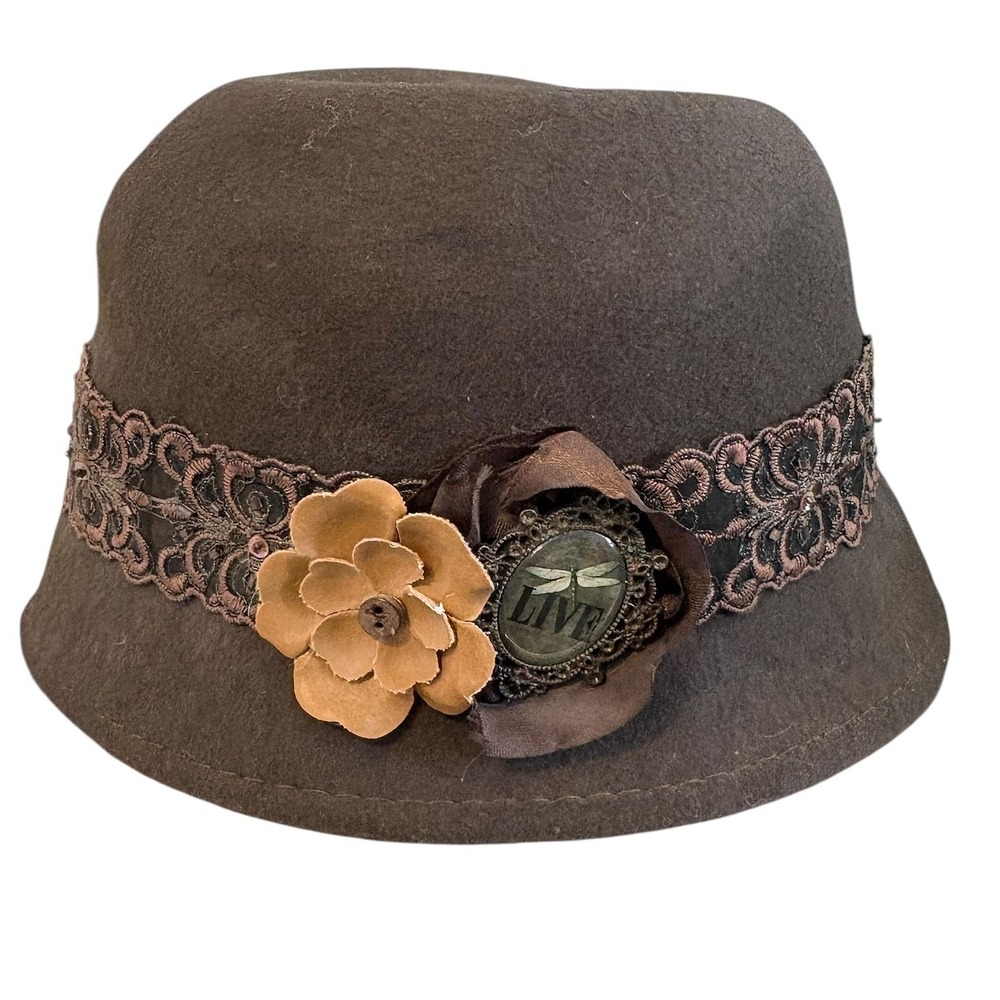 Topper Original Brown Wool Felt Cloche Hat Lace Beaded Dragonfly Leather Flower